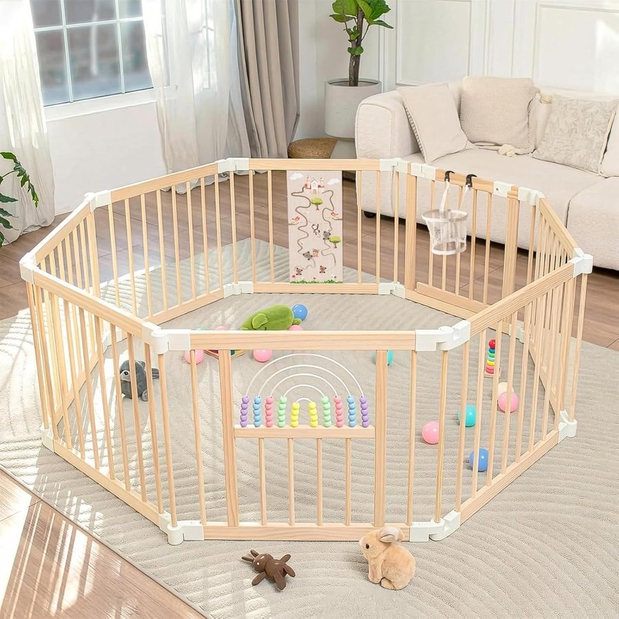 Ulnxiy 56-inch foldable wooden baby playpen with 8 panels